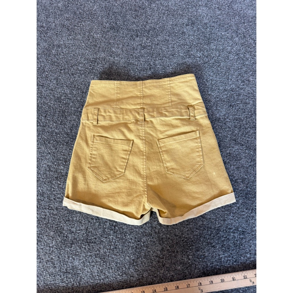 FAVLUX Mustard Yellow High Waisted Triple Button Fly Cuffed Shorts Womens SZ S - Picture 2 of 13
